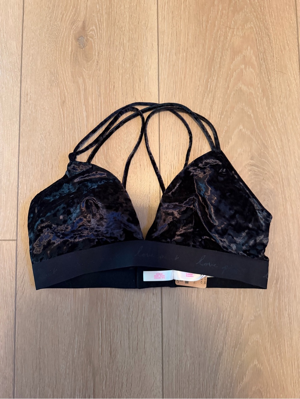 PINK Victoria's Secret Black Crushed Velvet Strappy Bralette